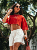 Core Oversized Crop Tee - Washed Out Red