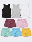 [men] Boardshorts Bundle flat lay: five Essentials Euro Boardshorts and three Core Ribbed Tanks