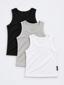 [men] Core Ribbed Tanks in black, grey marl and white, flat lay